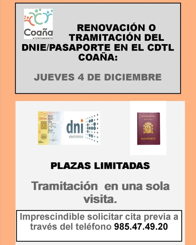 Jornada para tramitar el DNIE o pasaporte en el CDTL de Coaña