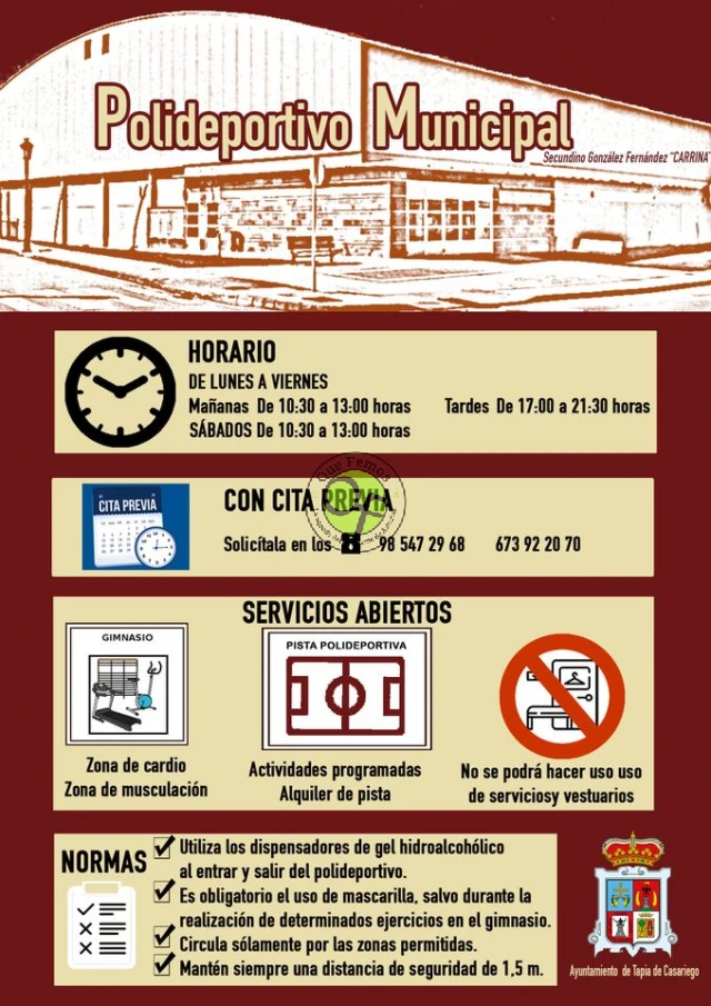 Horarios de Ludoteca Municipal, Polideportivo Municipal y del CDTL de Tapia