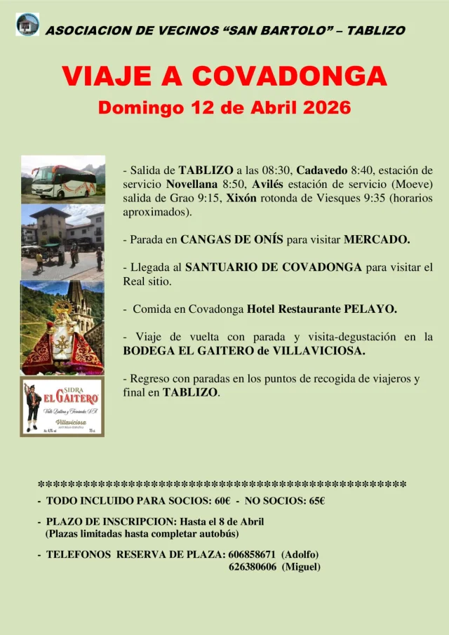 La AAVV San Bartolo de Tablizo organiza un viaje a Covadonga