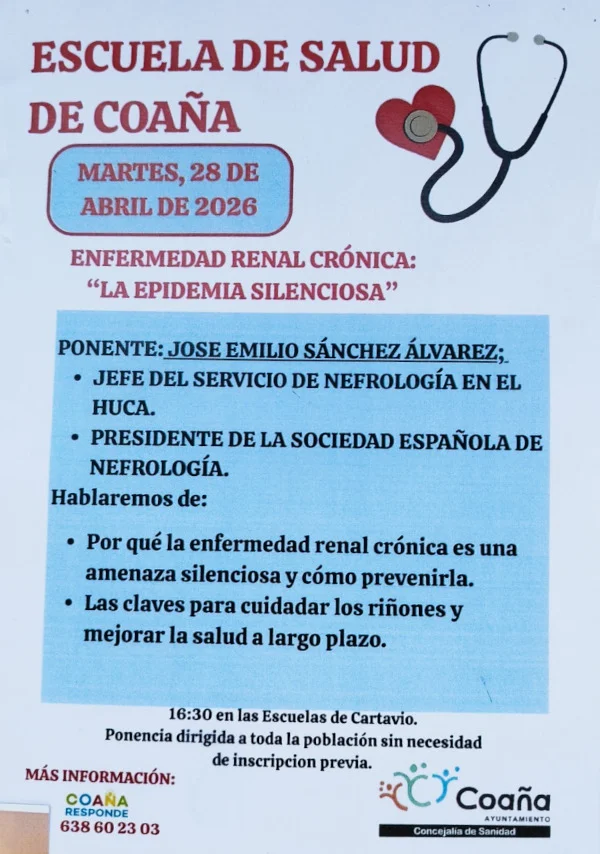La Escuela de Salud de Coaña hablará sobre la enfermedad renal crónica