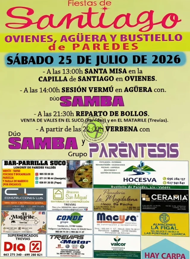 Fiestas de Santiago 2026 en Ovienes, Agüera y Bustiello de Paredes