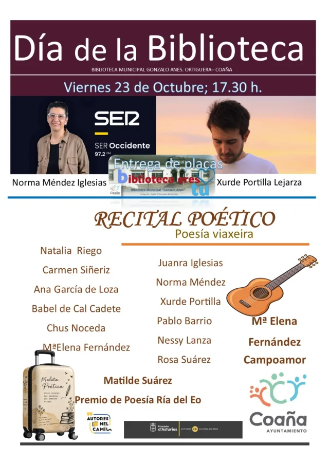 Día de la Biblioteca 2026 en Coaña con recital poético y reconocimiento a Norma Méndez y Xurde Portilla